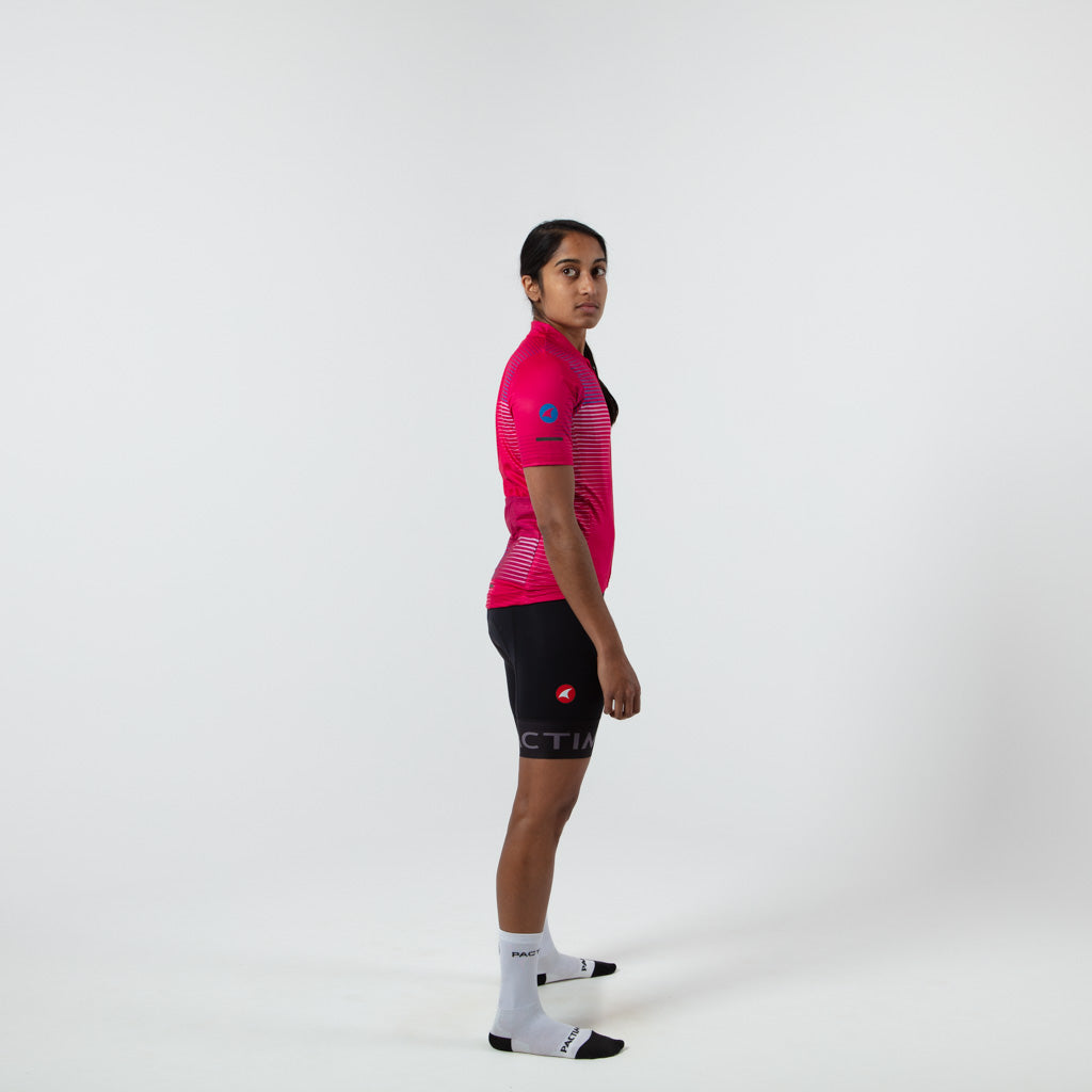 Womens Bike Jersey Convergence Design on body Side View #color_orchid