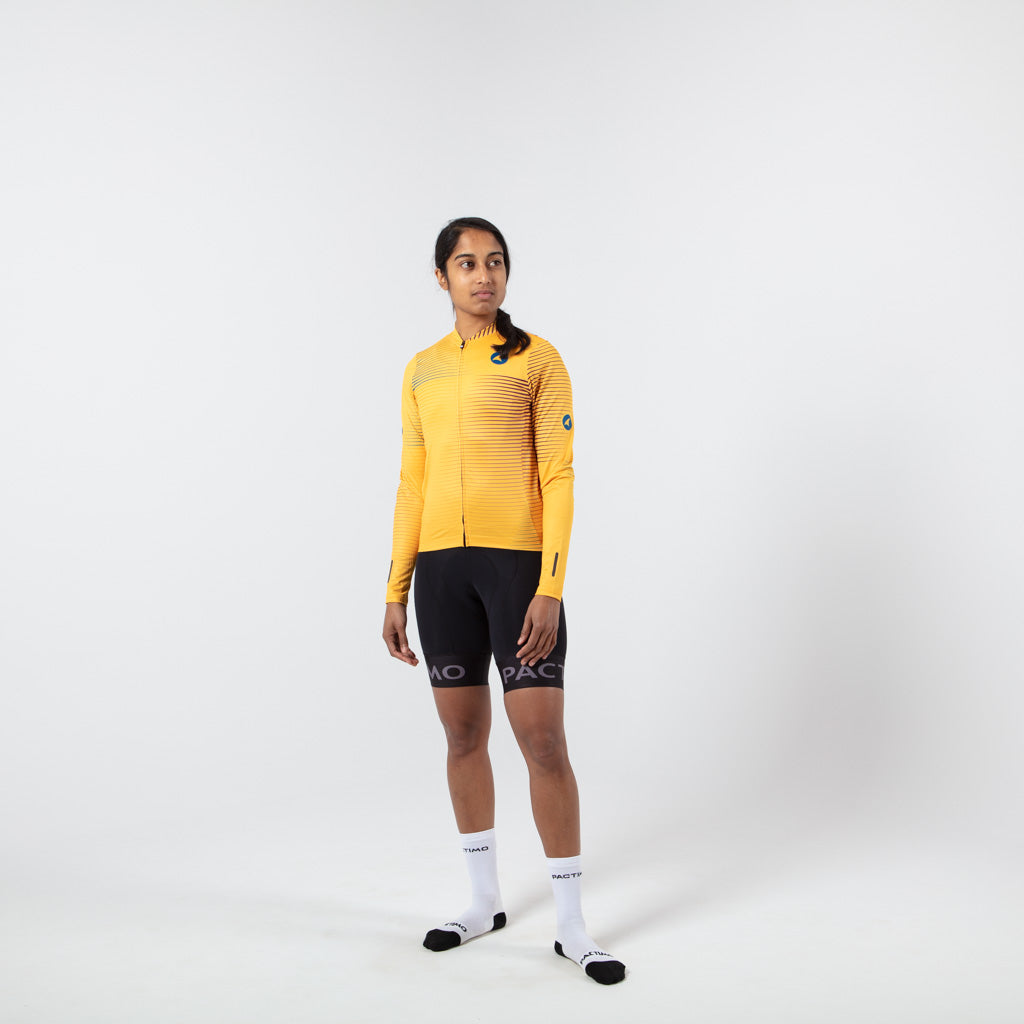 Women's Long Sleeve Cycling Jersey Convergence Design on body Front View #color_mango