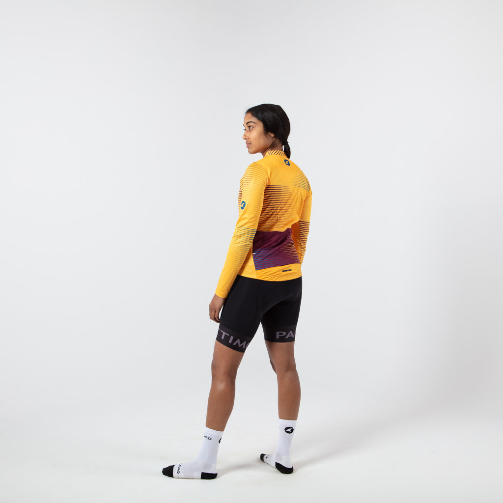 Women's Long Sleeve Cycling Jersey Convergence Design on body Back Left View #color_mango