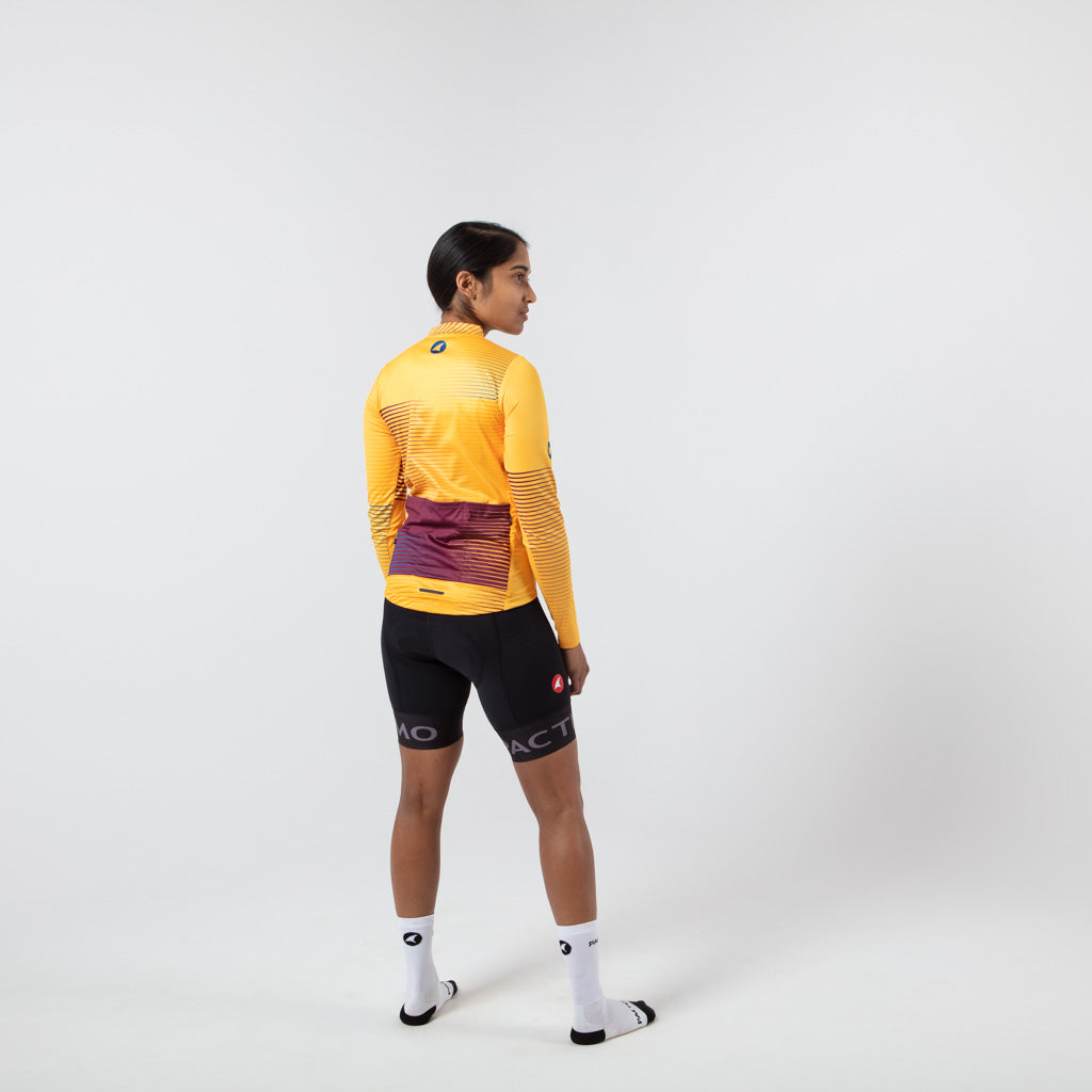 Women's Long Sleeve Cycling Jersey Convergence Design on body Back View #color_mango