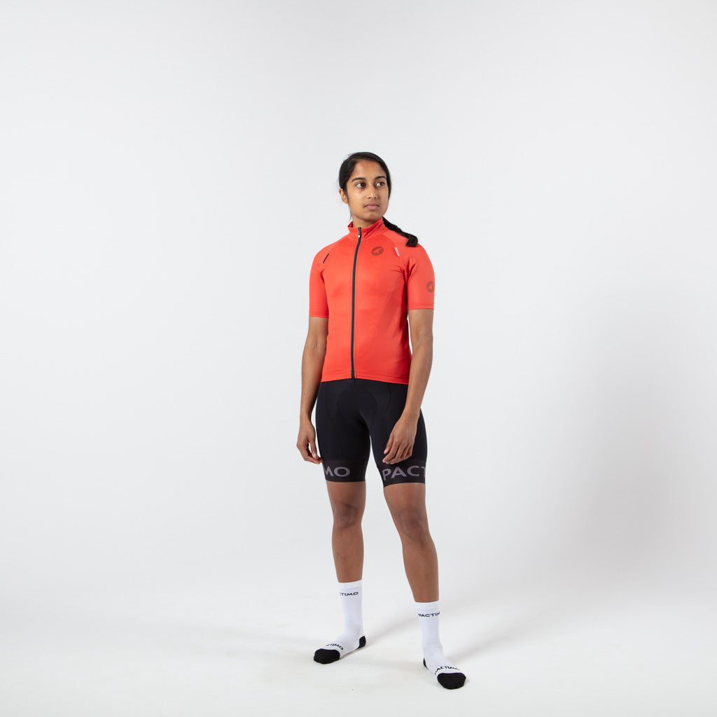 Women's Water-Repelling Cycling Jersey On Body Front #color_garnet