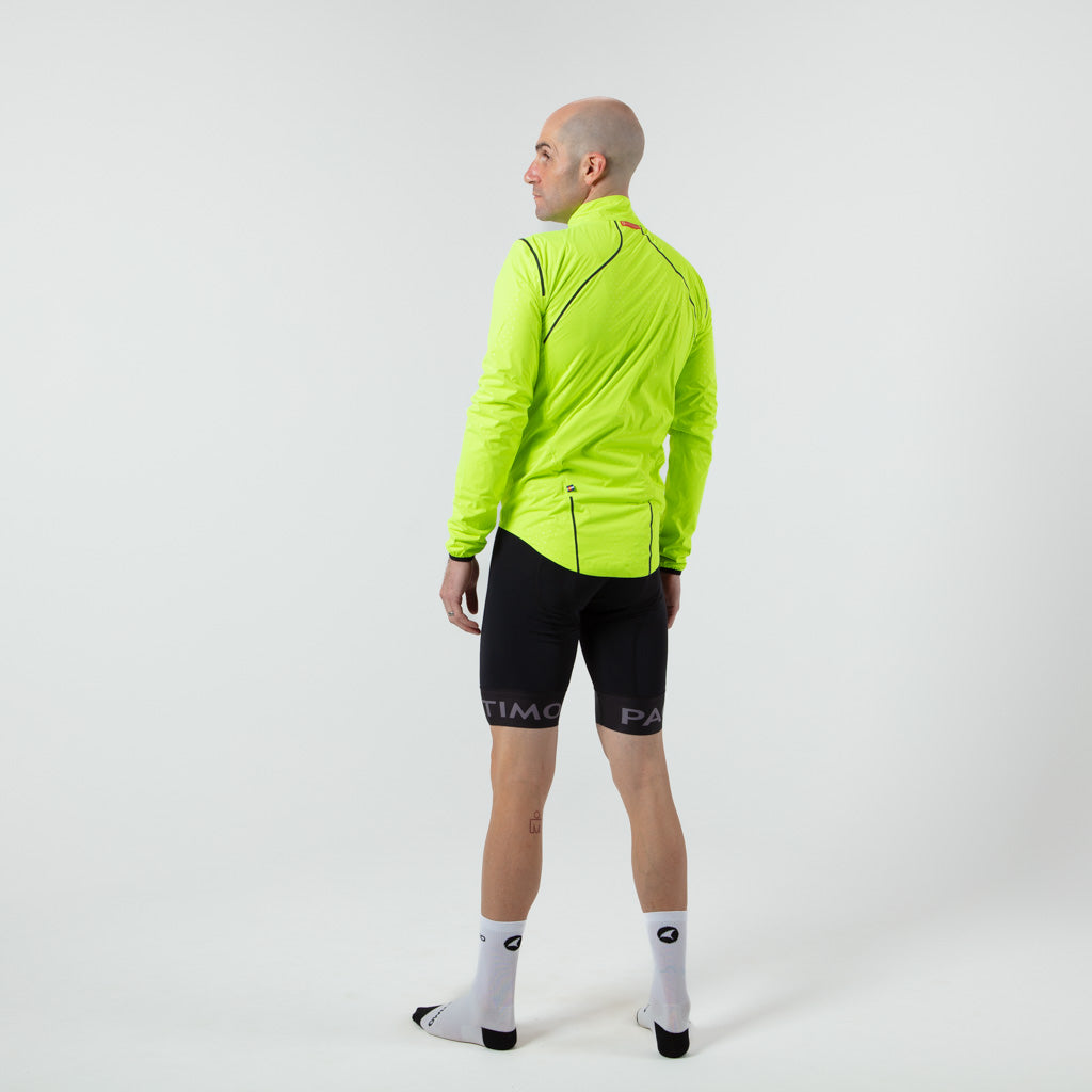  Breathable Waterproof Cycling Jacket For Men on body Back View #color_manic-yellow 