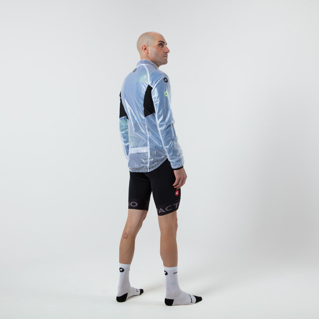 Men's Lightweight Cycling Rain Jacket Side View on Body #color_clear-black