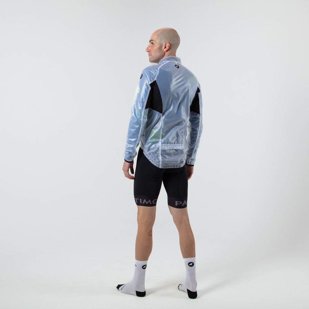 Men's Lightweight Cycling Rain Jacket Back View on Body #color_clear-black