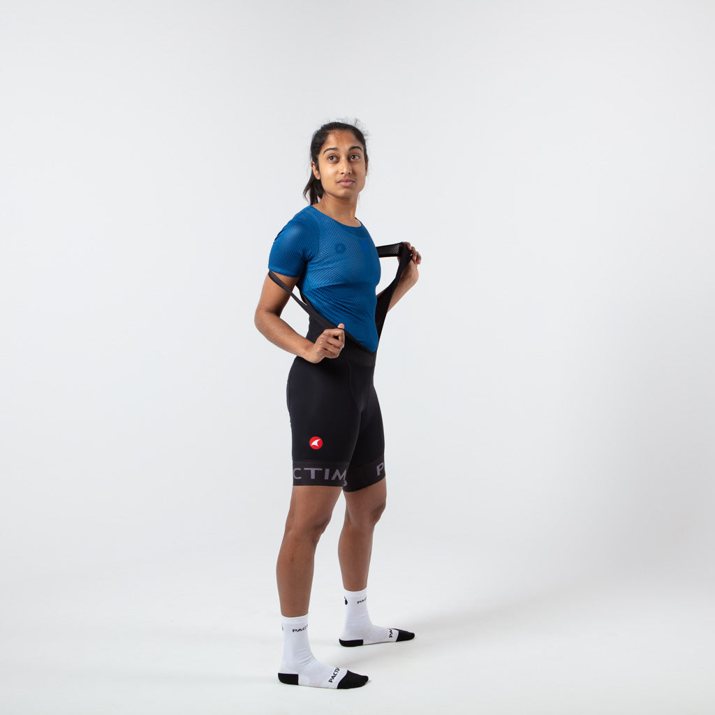 Women's Lightweight Short Sleeve Cycling Base Layer - On Body Right Side View #color_navy