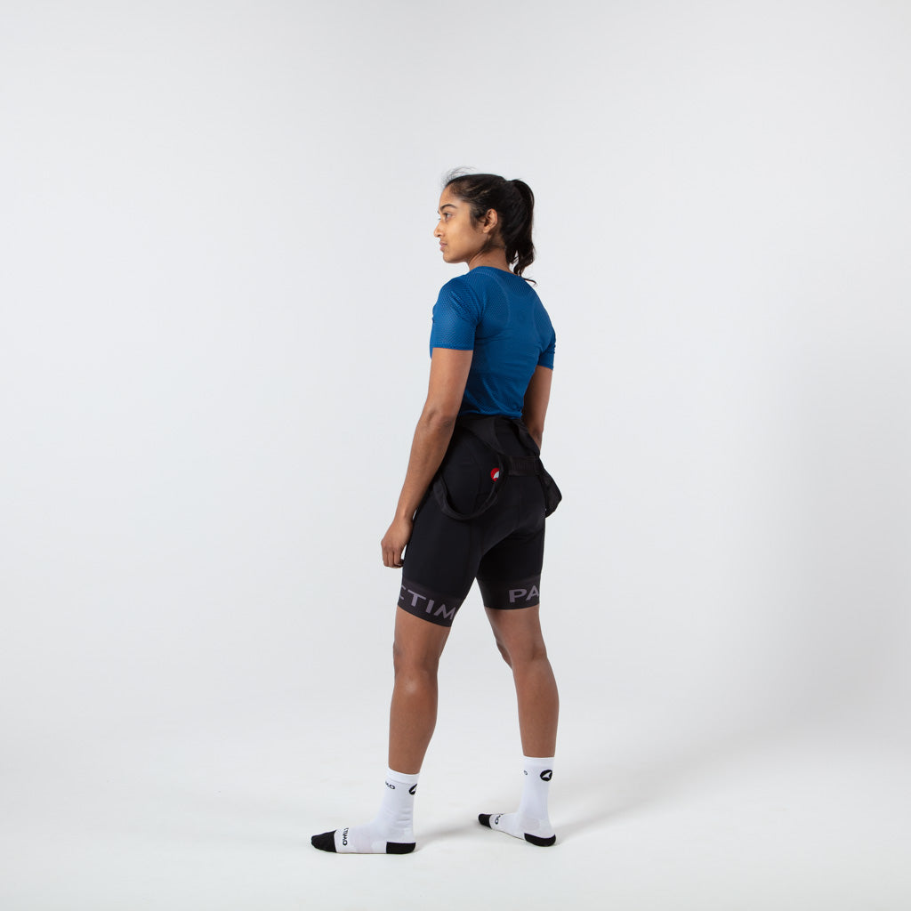 Women's Lightweight Short Sleeve Cycling Base Layer - On Body Left Side View #color_navy