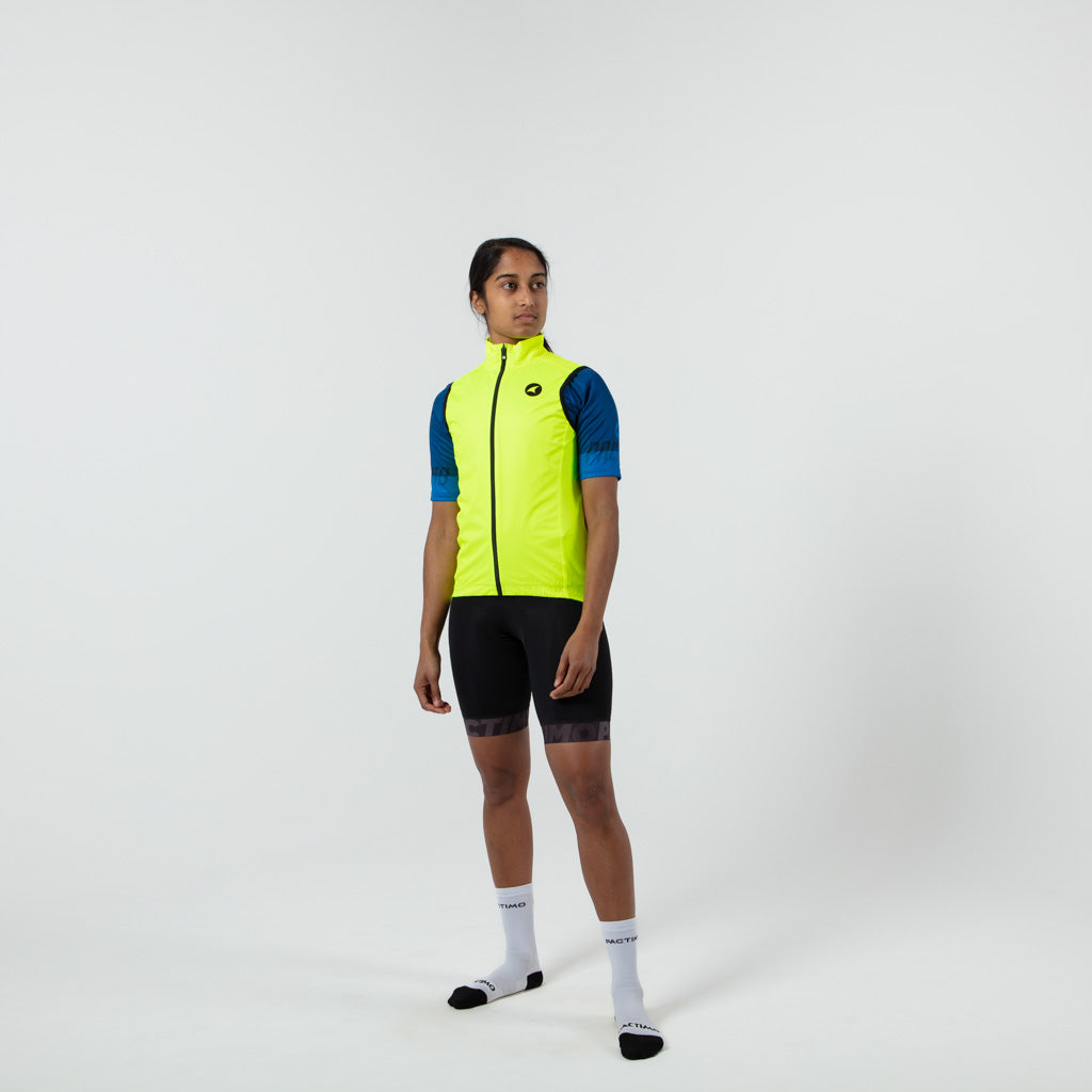 Women's Cool Weather Cycling Vest With Pockets on body Front View #color_manic-yellow