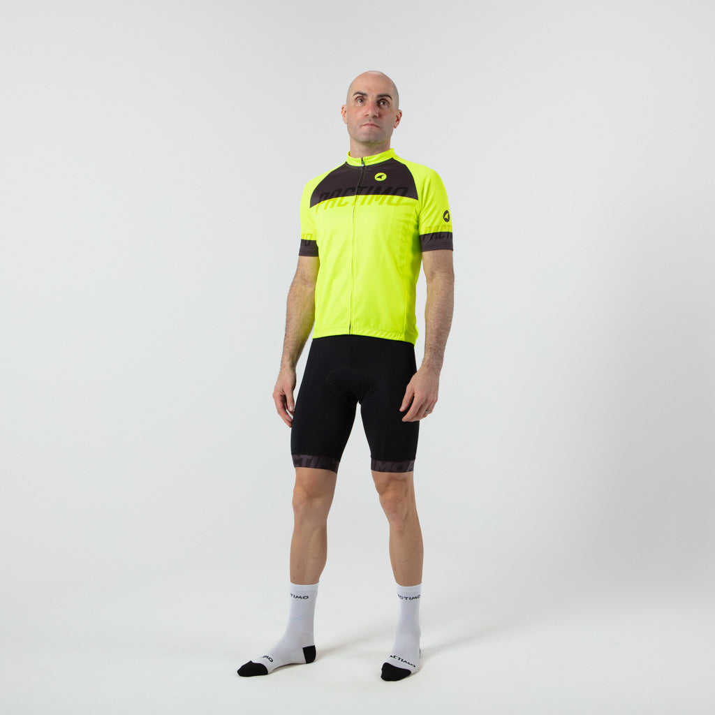 Loose Fit Cycling Jersey for Men On Body Front View #color_manic-yellow
