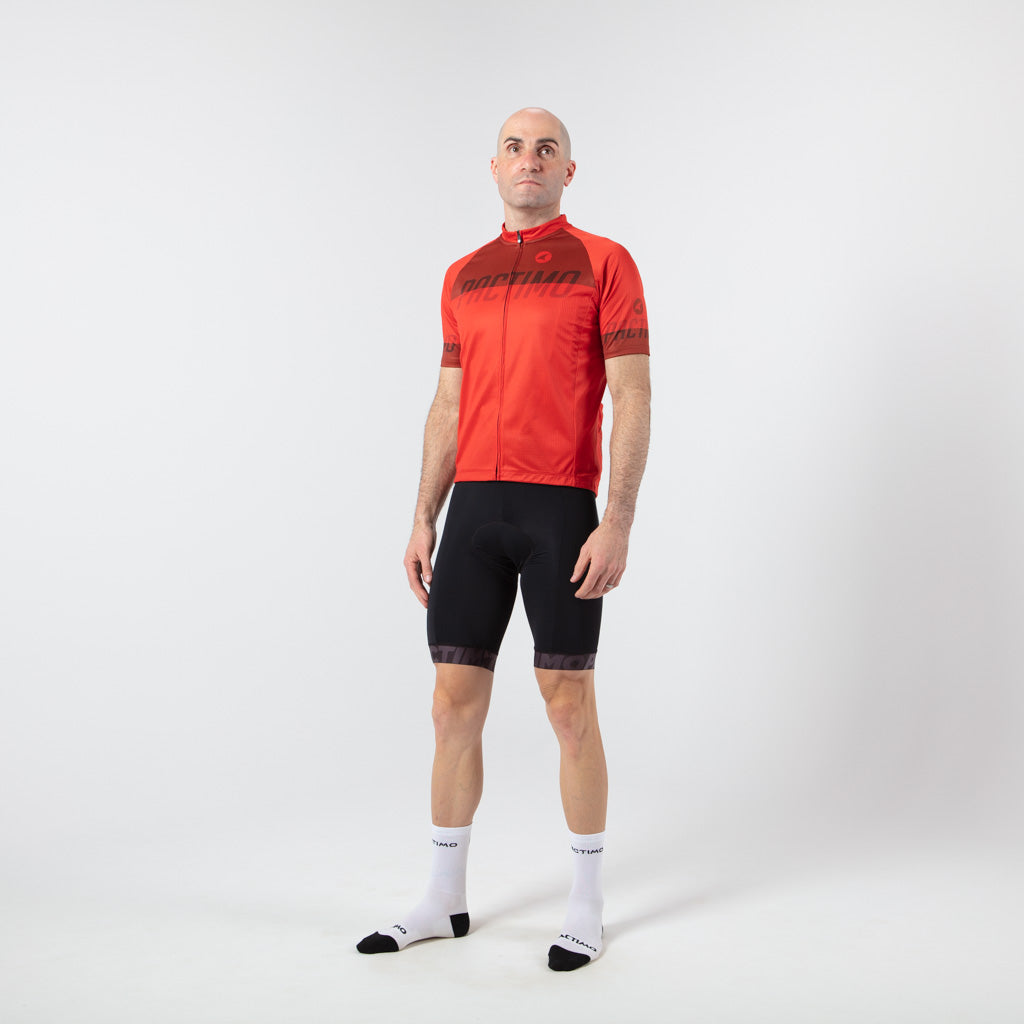 Loose Fit Cycling Jersey for Men On Body Front View #color_garnet