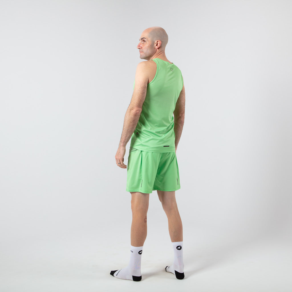 Men's Lime Green Running Singlet - on body Back Left View