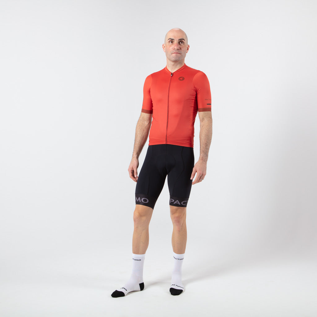 Summer Cycling Jersey For Men On Body Front View #color_garnet