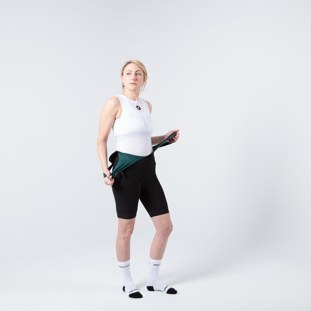 Women's Sleeveless Mesh Cycling Base Layer - on Body Front Left View #color_white