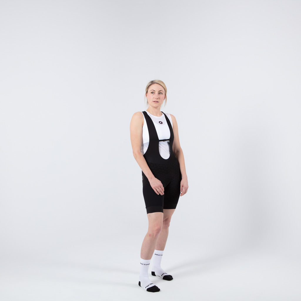 Women's Long Distance Cargo Bib Shorts - on body Front Right View #color_black