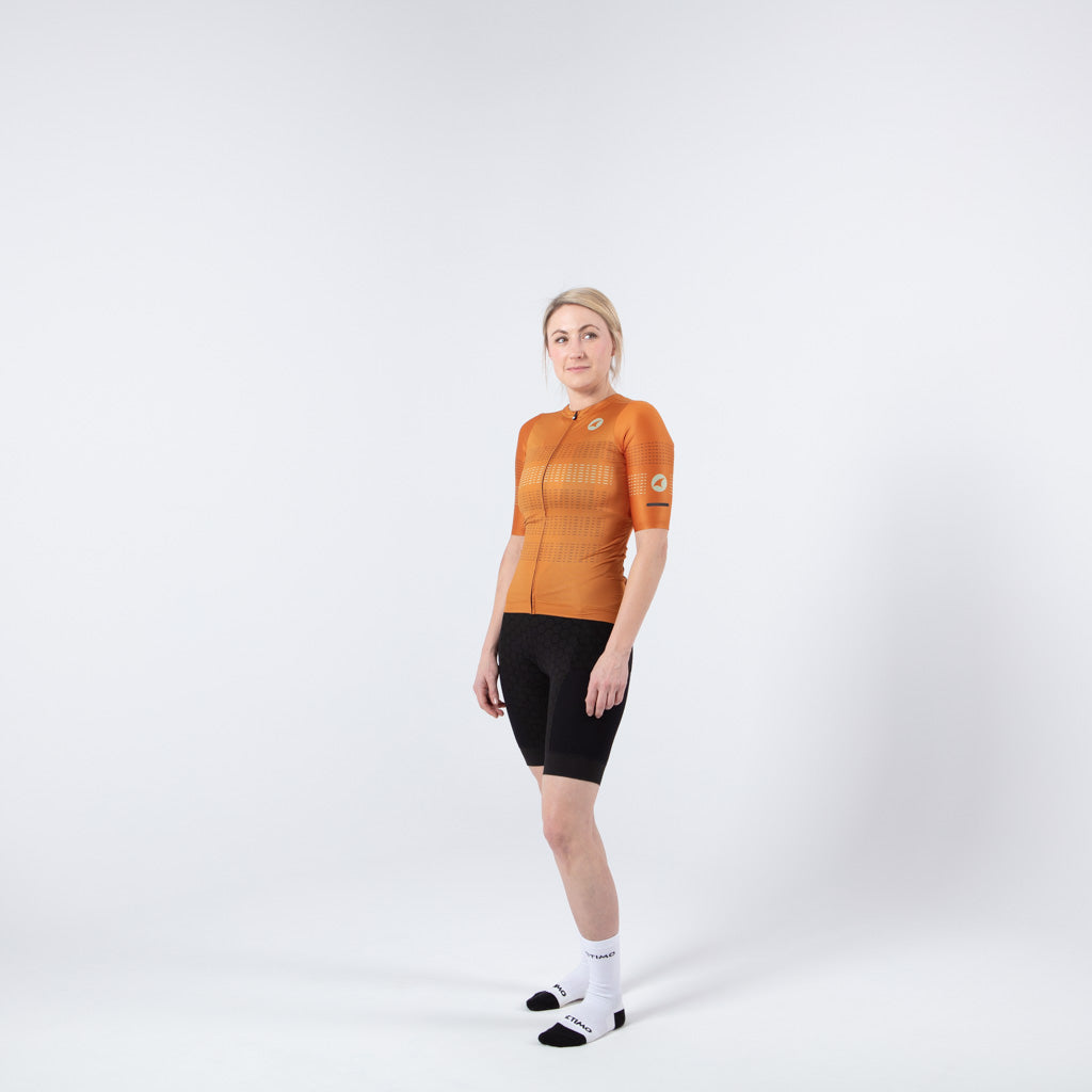 Five Pocket Cycling Jersey for Women On Body Front #color_rust