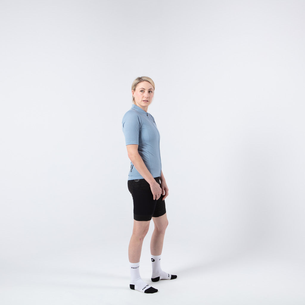 Merino Wool Cycling Jersey for Women - on body Right View #color_stone-blue