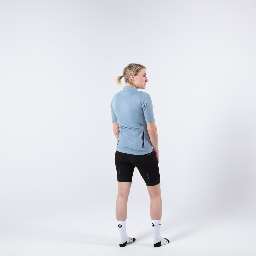 Merino Wool Cycling Jersey for Women - on body Back View #color_stone-blue