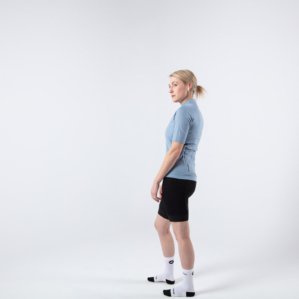 Merino Wool Cycling Jersey for Women -on body Left View #color_stone-blue