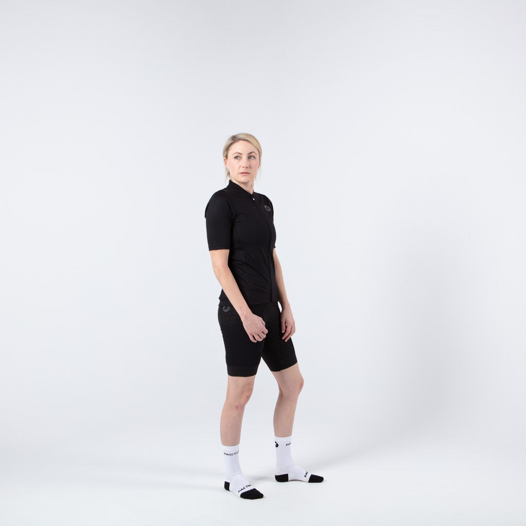 Merino Wool Cycling Jersey for Women - on body Front Right View #color_black
