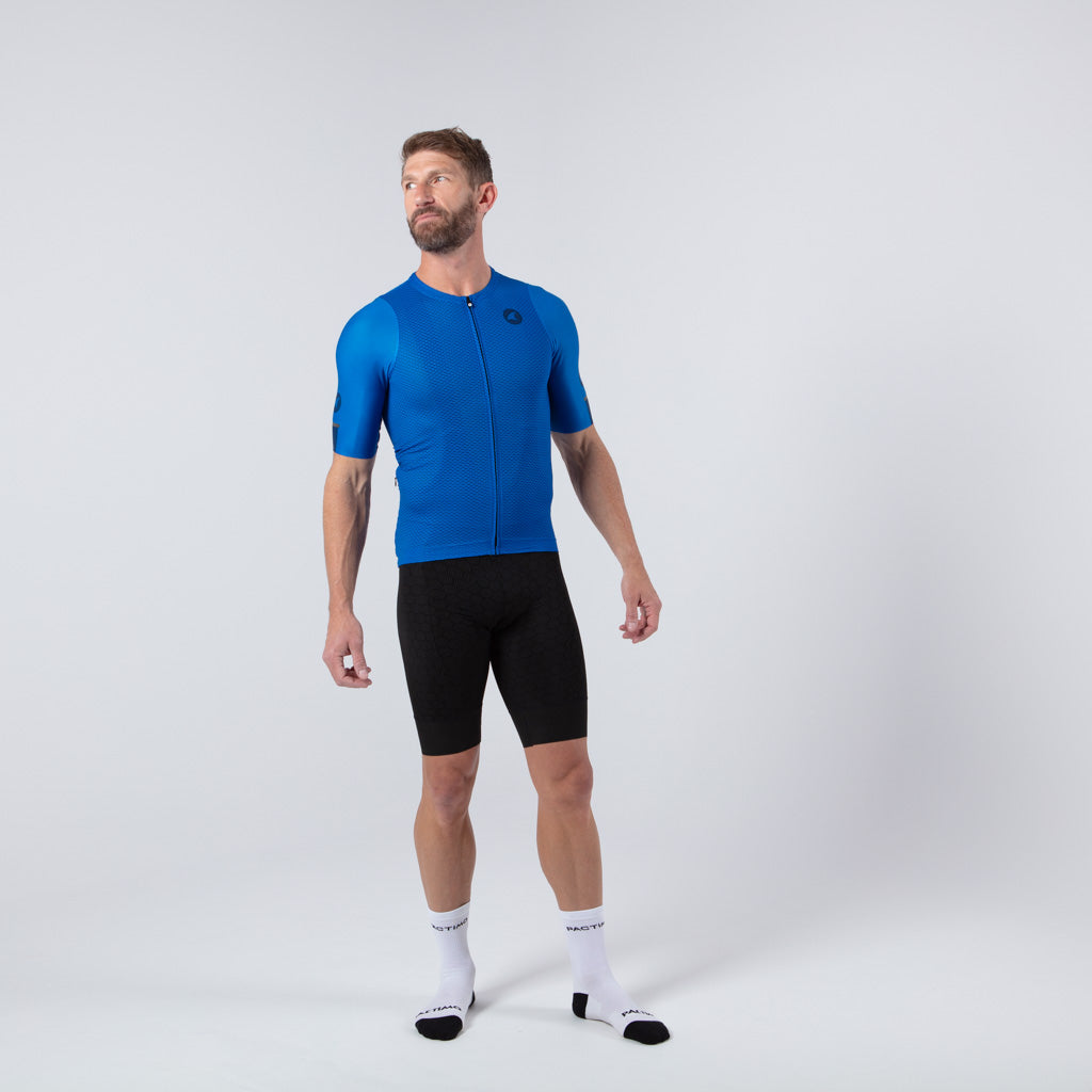 Lightweight Mesh Cycling Jersey for Men On Body Front View #color_blue