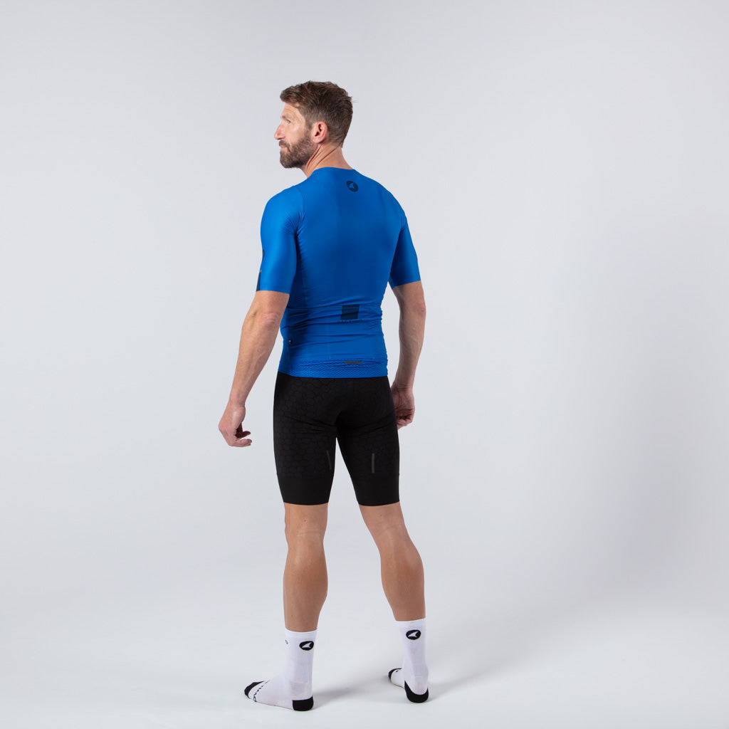 Lightweight Mesh Cycling Jersey for Men On Body Back View #color_blue