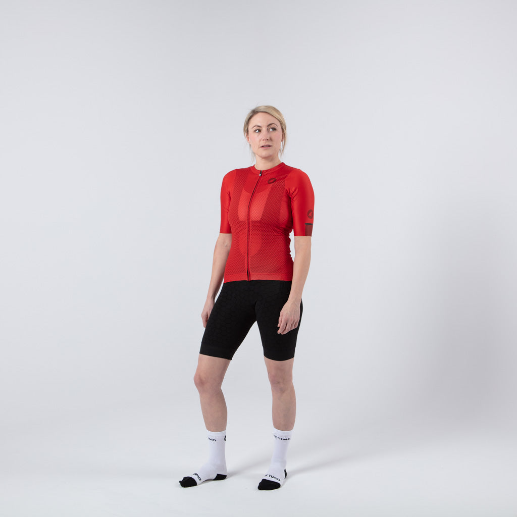 Lightweight Mesh Cycling Jersey for Women On Body Front View #color_garnet