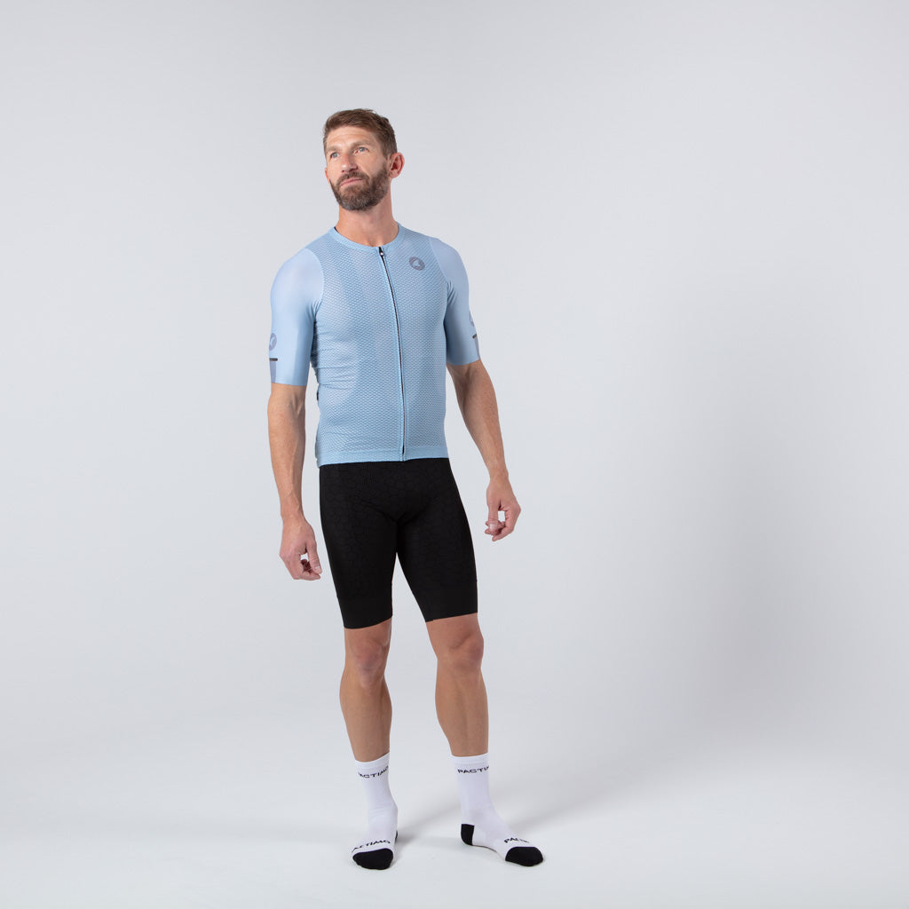 Lightweight Mesh Cycling Jersey for Men On Body Front View #color_dusty-blue