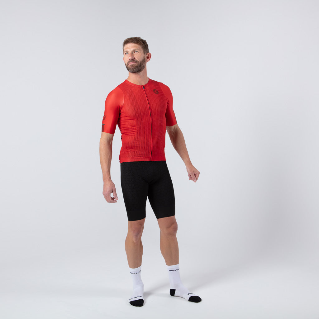 Lightweight Mesh Cycling Jersey for Men On Body Front Right View #color_garnet