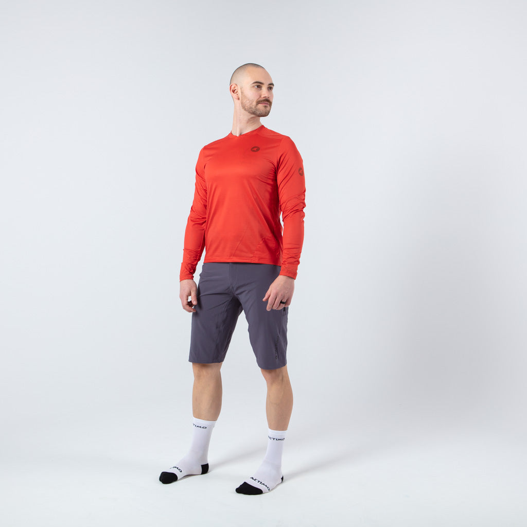 Men's Long Sleeve Mountain Bike Jerseys - on body Front View #color_garnet