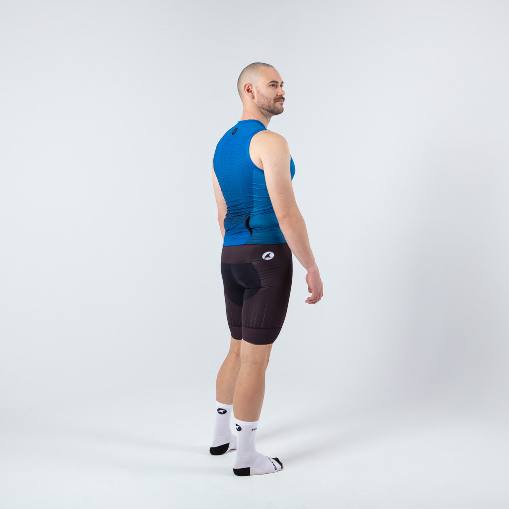 Sleeveless Triathlon Tops for Men - on body Back Right View #color_blue