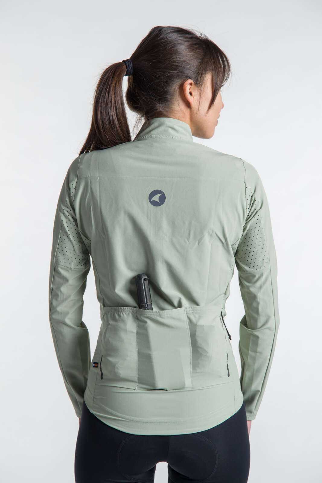 Women's Sage Green Packable Cycling Jacket - Summit Shell Back Pockets