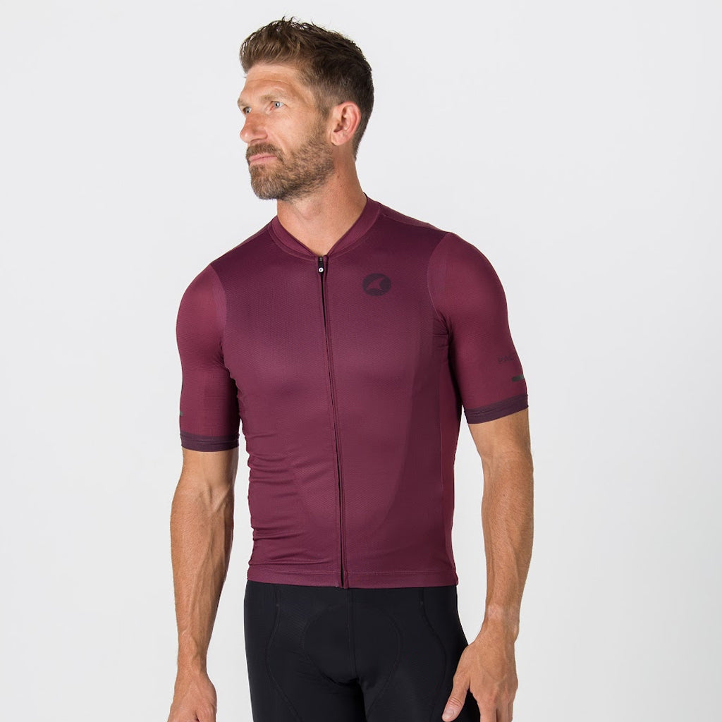 Summer Cycling Jersey For Men On Body Front View #color_mulberry