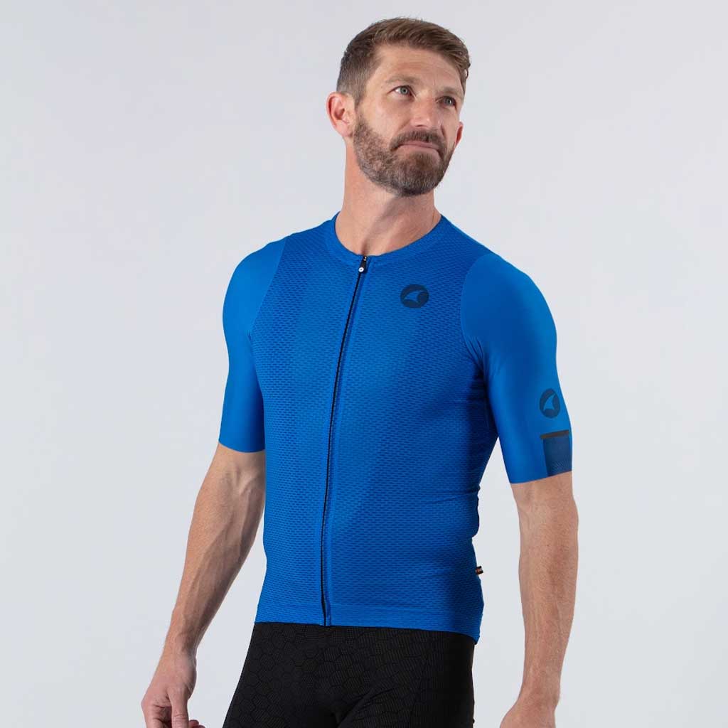 Lightweight Mesh Cycling Jersey for Men On Body Front View #color_blue
