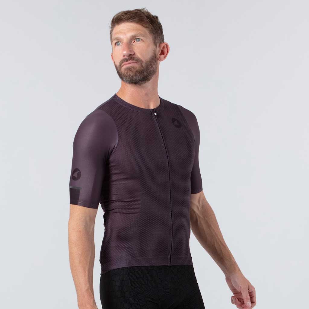 Lightweight Mesh Cycling Jersey for Men On Body Left View #color_charcoal