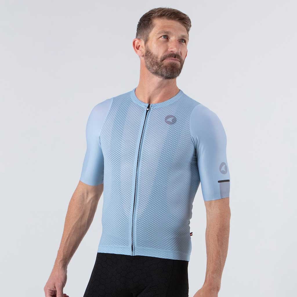 Lightweight Mesh Cycling Jersey for Men On Body Front View #color_dusty-blue