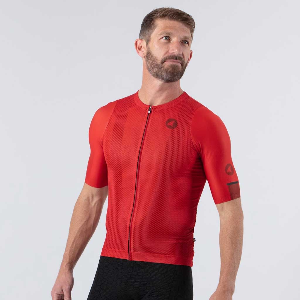 Lightweight Mesh Cycling Jersey for Men On Body Front View #color_garnet