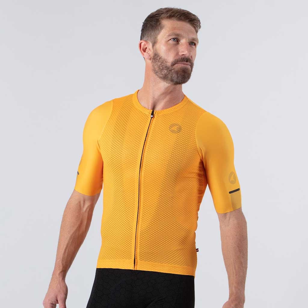 Lightweight Mesh Cycling Jersey for Men On Body Front View #color_mango
