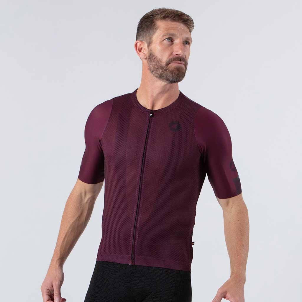 Lightweight Mesh Cycling Jersey for Men On Body Front View #color_mulberry
