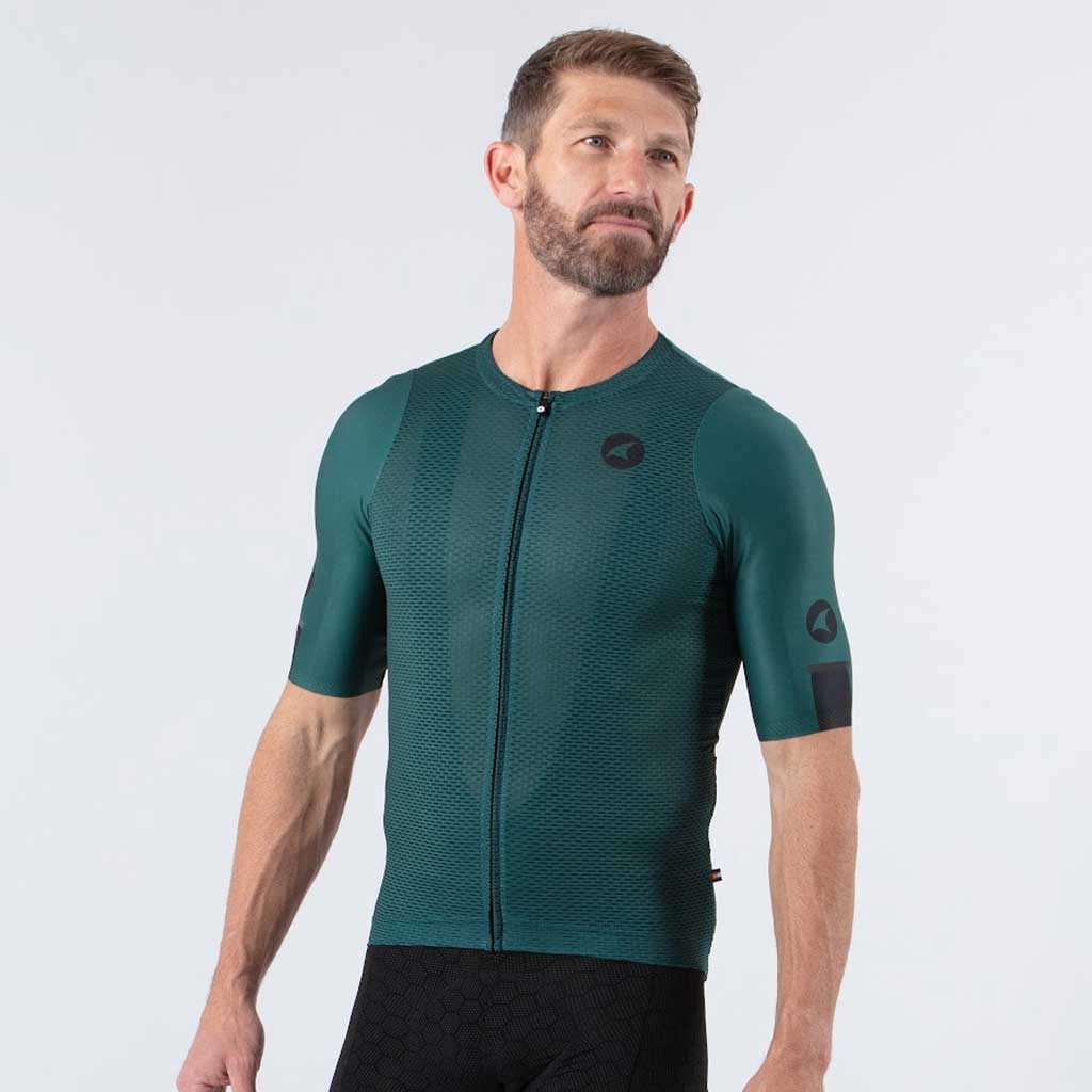 Lightweight Mesh Cycling Jersey for Men On Body Front View #color_pine