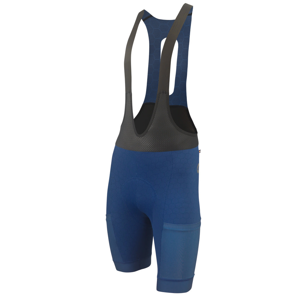 Men's "12-hour" Navy Cargo Bib Shorts - Front View #color_navy