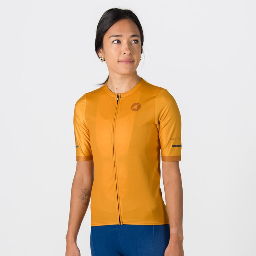 High Quality Women's Cycling Jersey - On Body Side View #color_old-gold