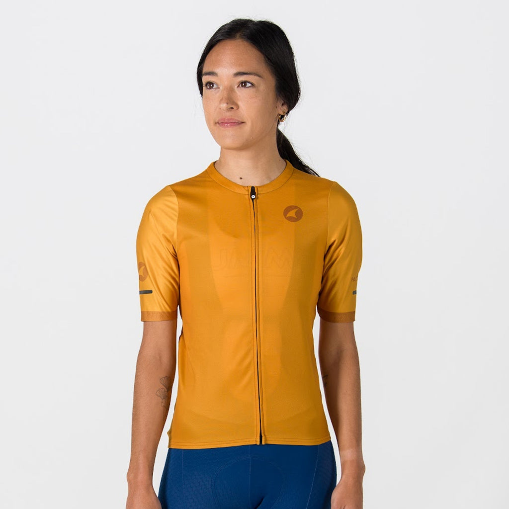 High Quality Women's Cycling Jersey - On Body Front View #color_old-gold