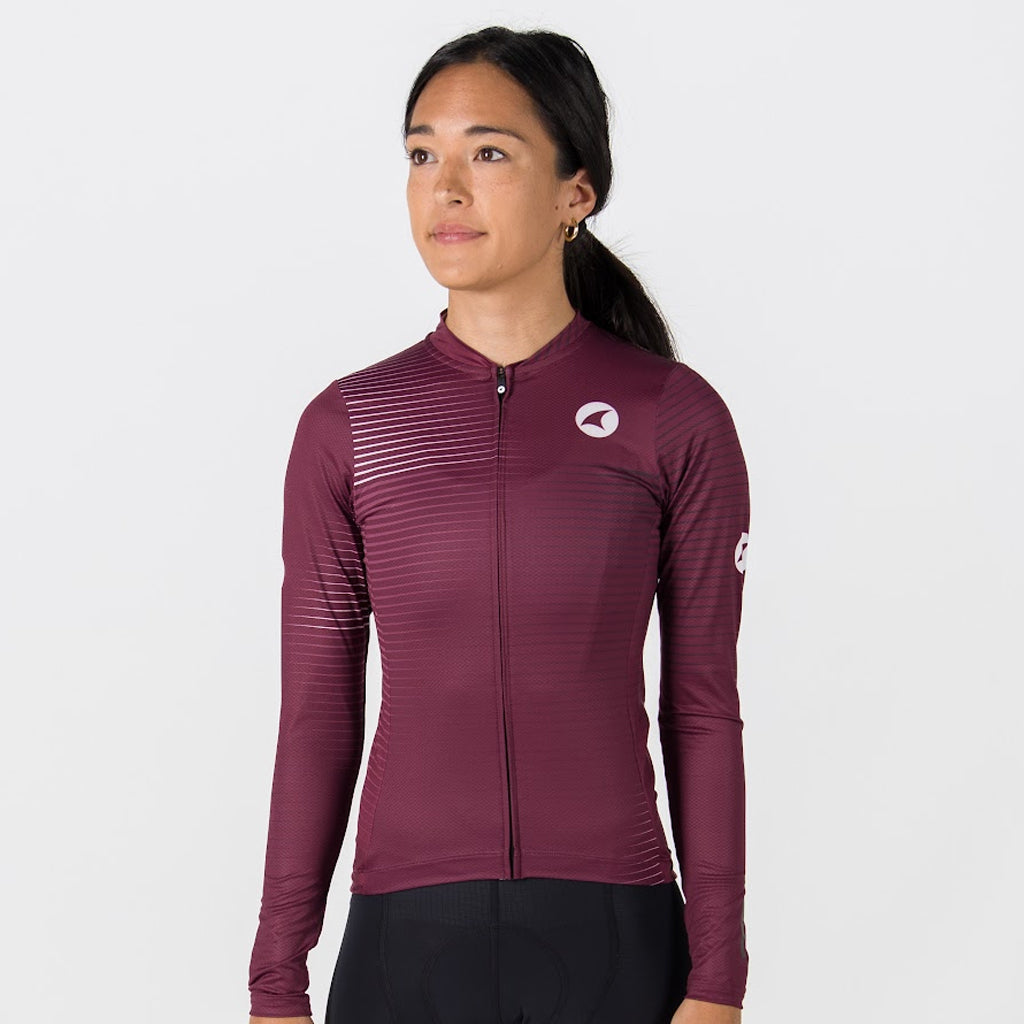 Women's Aero Long Sleeve Cycling Jersey - Convergence On Body Front #color_mulberry