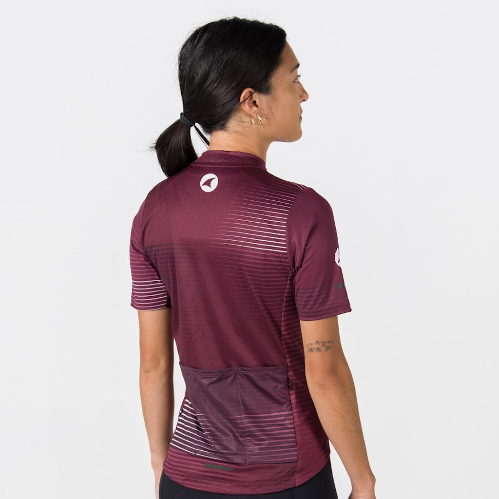 Womens Bike Jersey - On Body Back View Convergence Design #color_mulberry