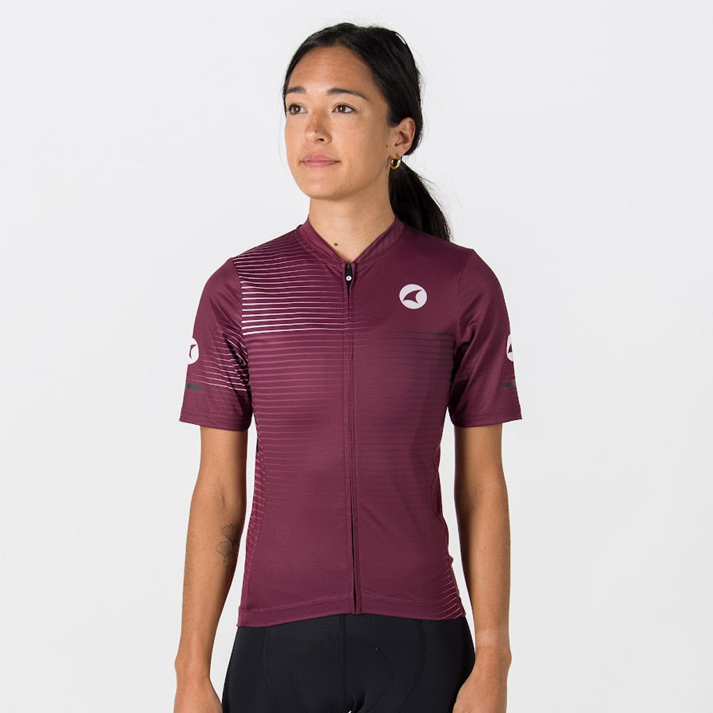 Womens Bike Jersey - On Body Front View Convergence Design #color_mulberry