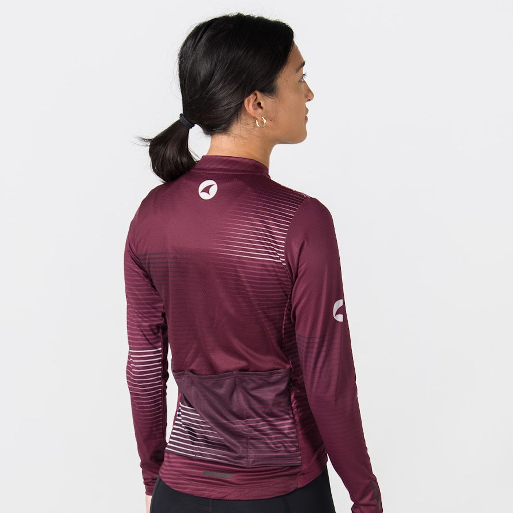 Women's Long Sleeve Cycling Jersey Convergence Design - On Body Back View #color_mulberry