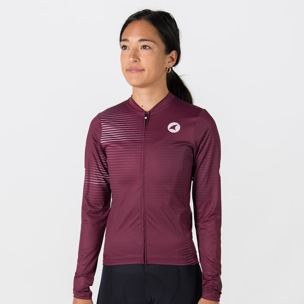 Women's Long Sleeve Cycling Jersey Convergence Design - On Body Front View #color_mulberry