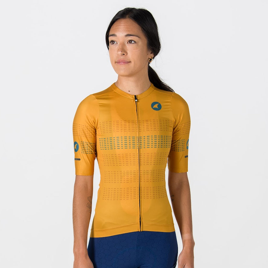 Five Pocket Cycling Jersey for Women - On Body Front View #color_old-gold
