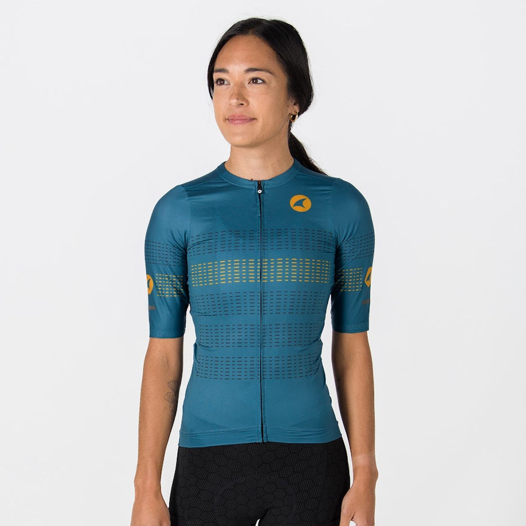 Five Pocket Cycling Jersey for Women - On Body Front View #color_poseidon