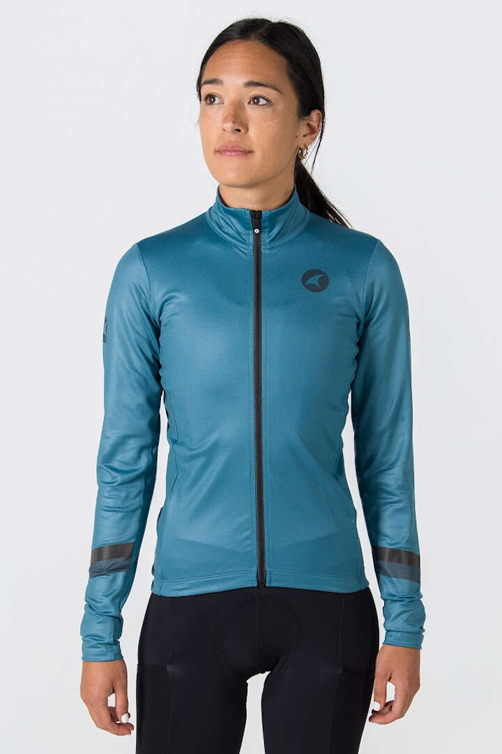 Women's Gray Blue Thermal Cycling Jersey - Front View