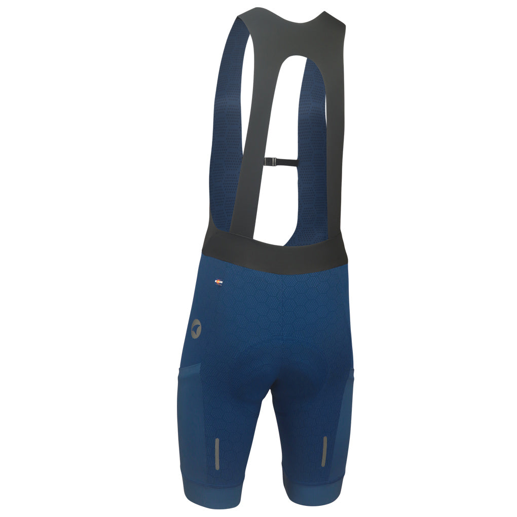 Women's Blue Long Distance Cargo Bib Shorts - Back View #color_navy